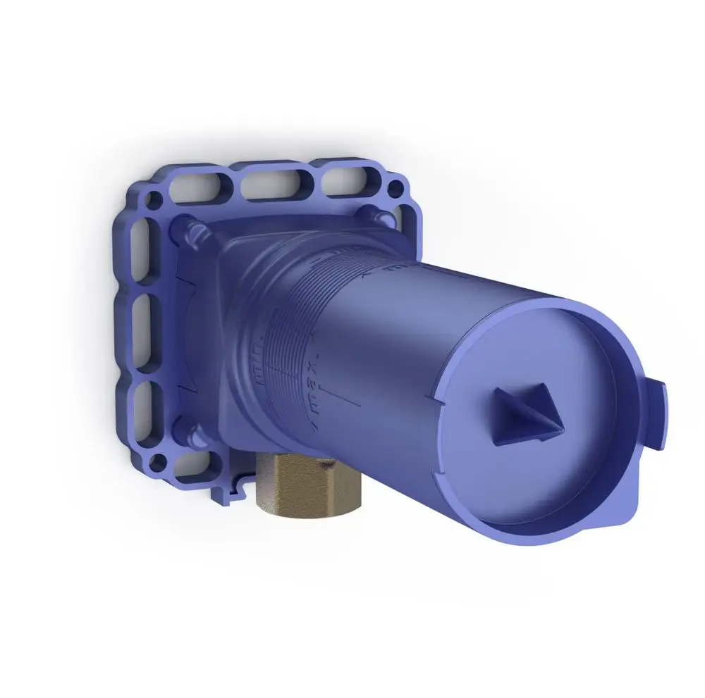 Brausestangeneinbaukörper in blauer Farbe mit seitlichem Anschluss und quadratischer Montageplatte, hergestellt von HANSA.